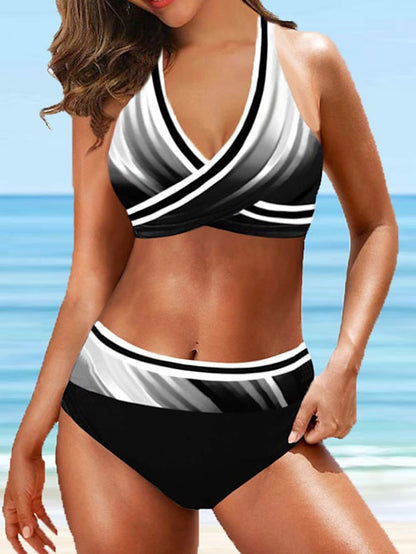 Women's Swimwear Bikini 2 Piece Plus Size Swimsuit Backless Printing High Waisted Geometic Stripes / Ripples Black Purple V Wire Bathing Suits New Stylish Vacation / Sexy / Padded Bras - LuckyFash™