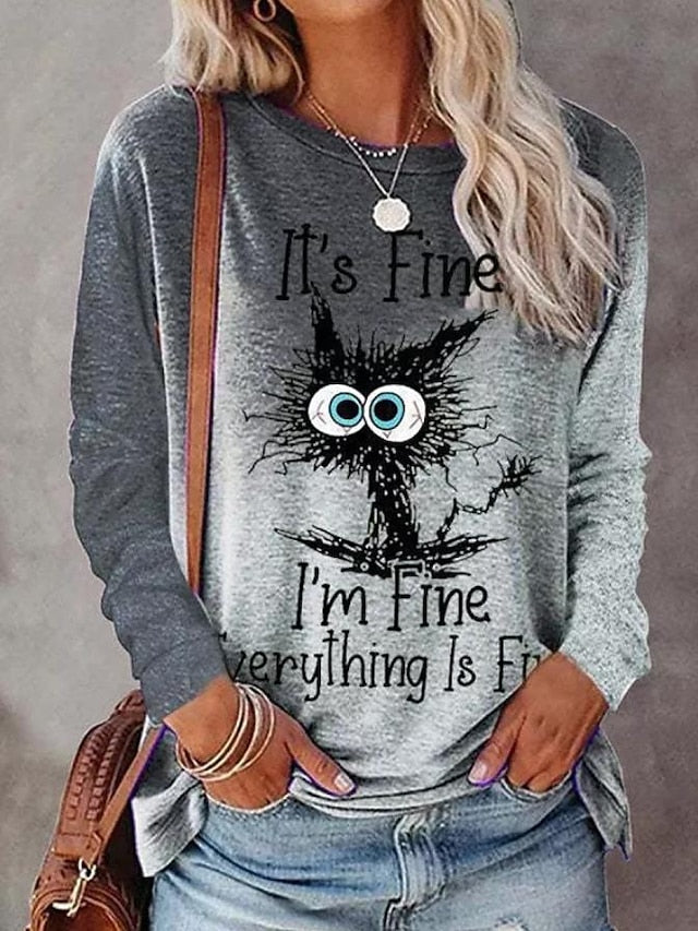 Women's T shirt Tee Pink Purple Orange Graphic Color Gradient Print Long Sleeve Casual Weekend Cartoon Round Neck Regular I'm Fine Painting Plus Size S - LuckyFash™