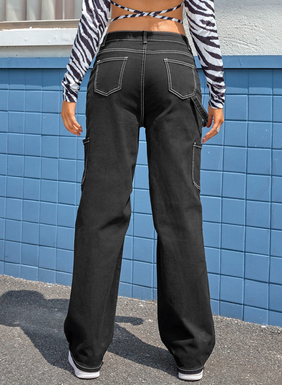 Black Denim Straight Leg Cargo Trousers with High Waist and Pockets