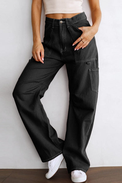 Black Denim Straight Leg Cargo Trousers with High Waist and Pockets