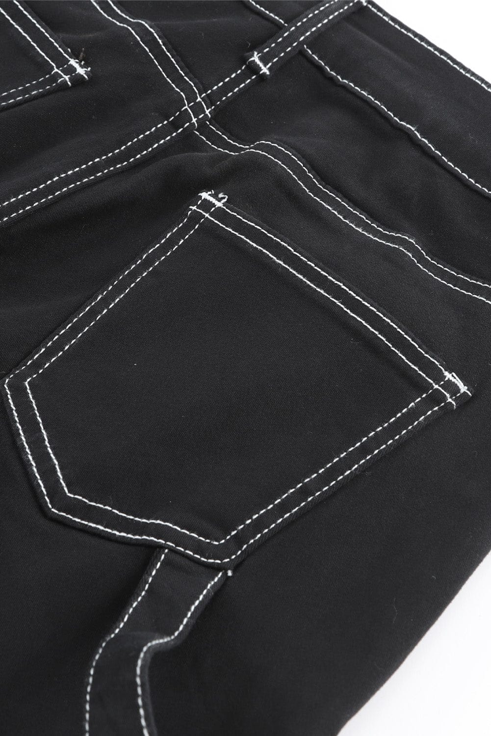 Black Denim Straight Leg Cargo Trousers with High Waist and Pockets