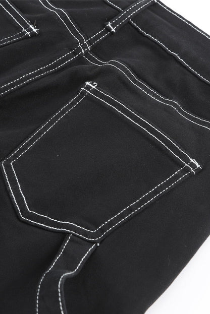 Black Denim Straight Leg Cargo Trousers with High Waist and Pockets