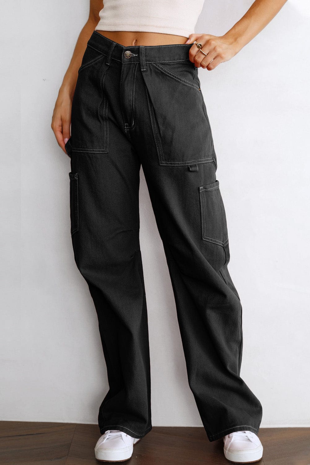Black Denim Straight Leg Cargo Trousers with High Waist and Pockets