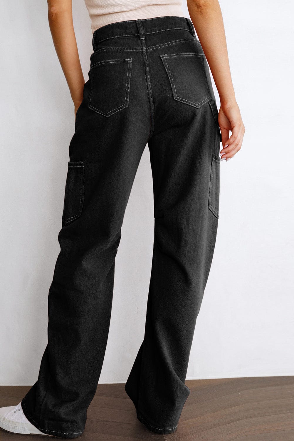 Black Denim Straight Leg Cargo Trousers with High Waist and Pockets