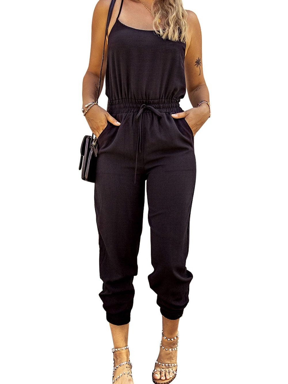 Black Drawstring Waist Spaghetti Straps Jumpsuit