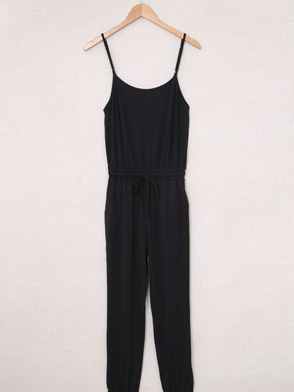 Black Drawstring Waist Spaghetti Straps Jumpsuit