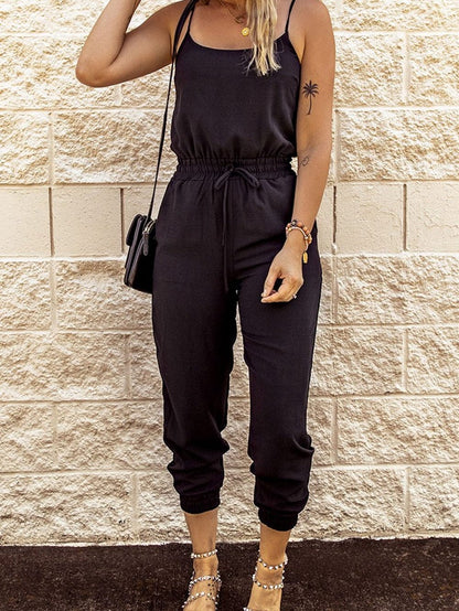 Black Drawstring Waist Spaghetti Straps Jumpsuit