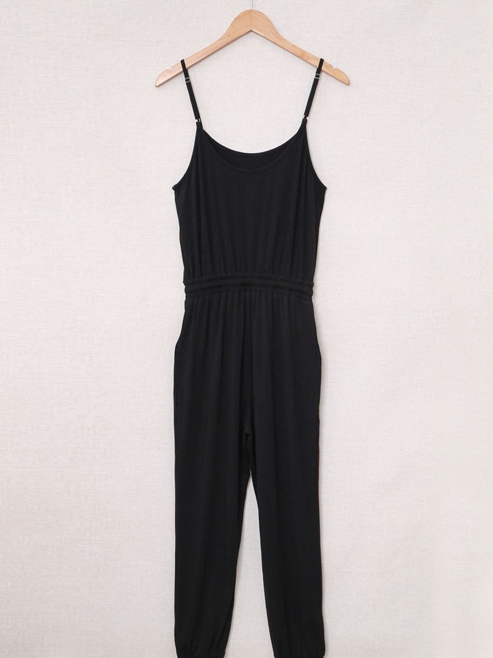 Black Drawstring Waist Spaghetti Straps Jumpsuit