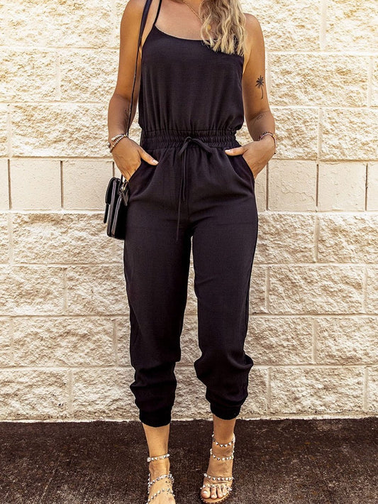 Black Drawstring Waist Spaghetti Straps Jumpsuit