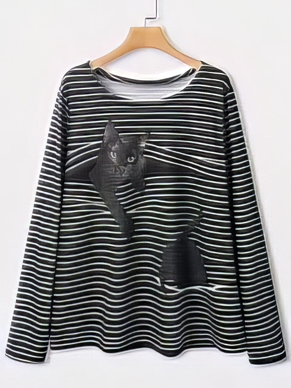 Black Feline Pattern Long Sleeve Striped White Round Neck Plus Size Tee