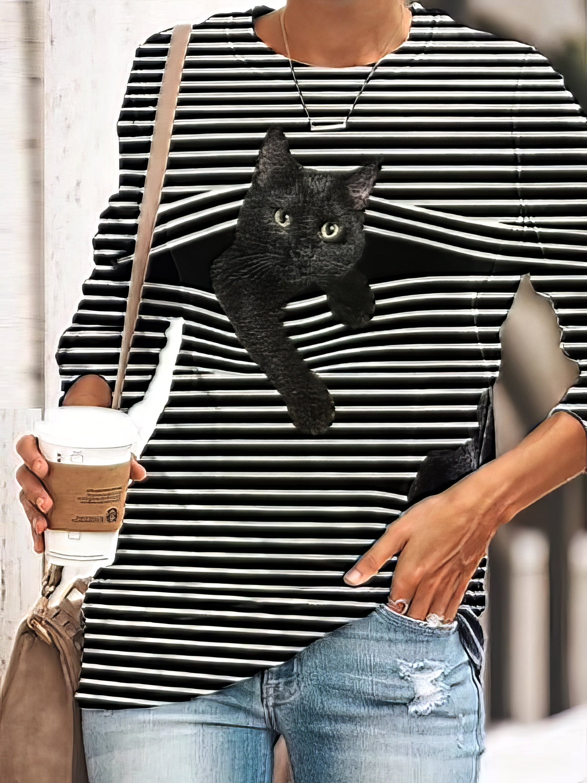 Black Feline Pattern Long Sleeve Striped White Round Neck Plus Size Tee