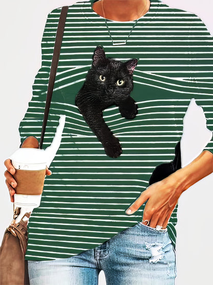 Black Feline Pattern Long Sleeve Striped White Round Neck Plus Size Tee