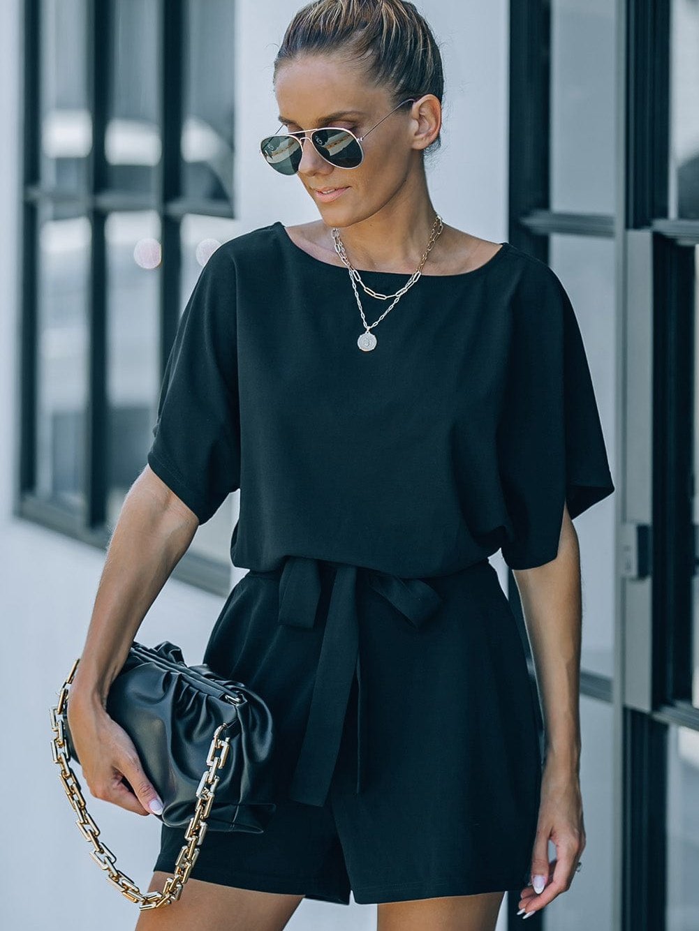 Black Over The Top Belted Playsuit