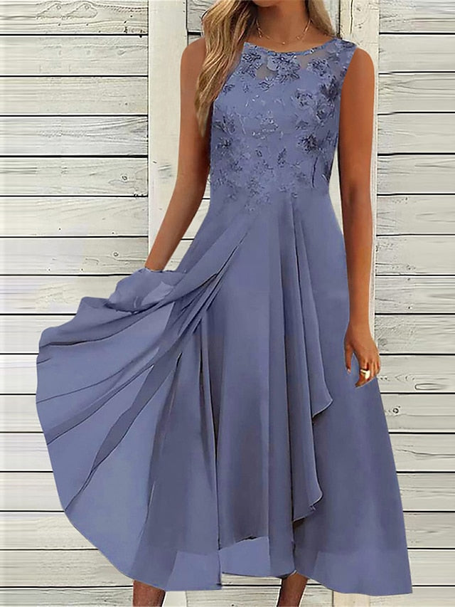 Women's Wedding Guest Dress Party Dress Lace Dress Midi Dress Blue Green Dark Blue Sleeveless Pure Color Lace Summer Spring Fall Crew Neck Fashion Wedding Guest Vacation Summer Dress Loose Fit 2023 S - LuckyFash™