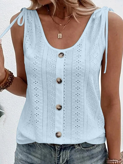 Women's Tank Top Eyelet top Plain Daily Weekend Button Sleeveless Light Blue Sleeveless Basic U Neck