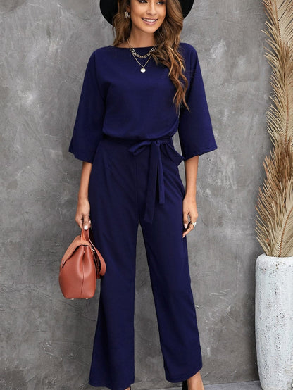 Blue Bracelet Sleeve Waist Tie Wide Leg Jumpsuit