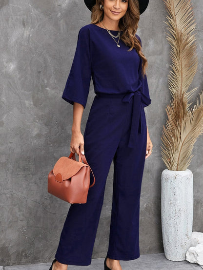 Blue Bracelet Sleeve Waist Tie Wide Leg Jumpsuit