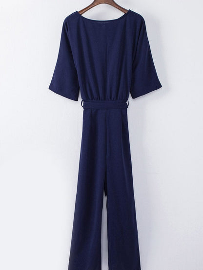 Blue Bracelet Sleeve Waist Tie Wide Leg Jumpsuit