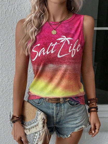 Women's Tank Top Gradient Pink Yellow Beach Palm Tree Graphic Print Casual Vacation Sleeveless Tropical Crew Neck Summer