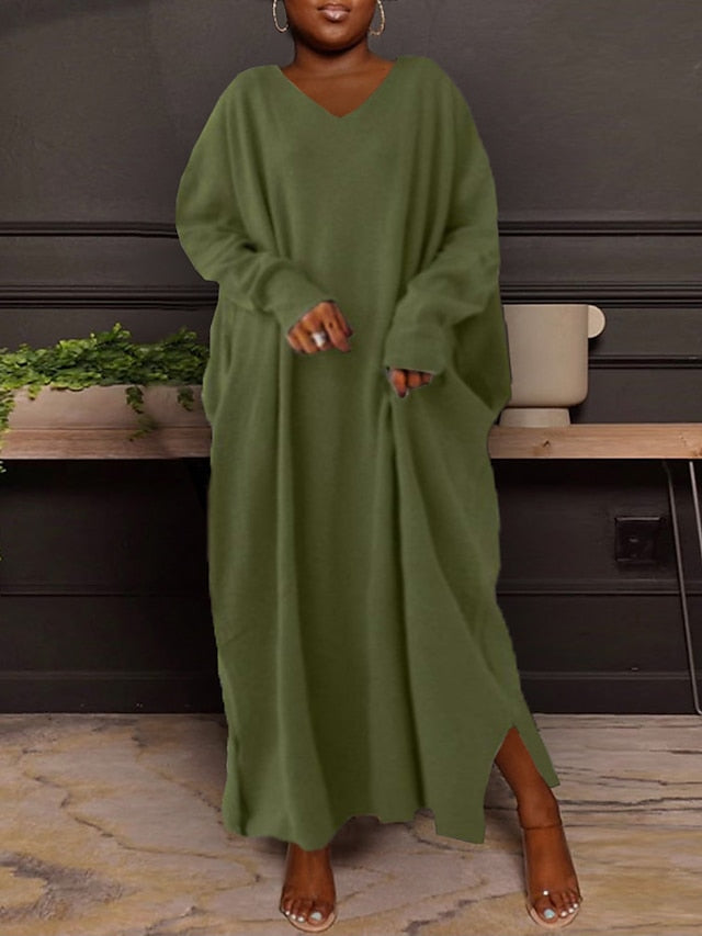 Women‘s Plus Size Casual Dress Caftan Dress Solid Color V Neck Long Sleeve Winter Fall Basic Casual Maxi long Dress Daily Vacation Dress