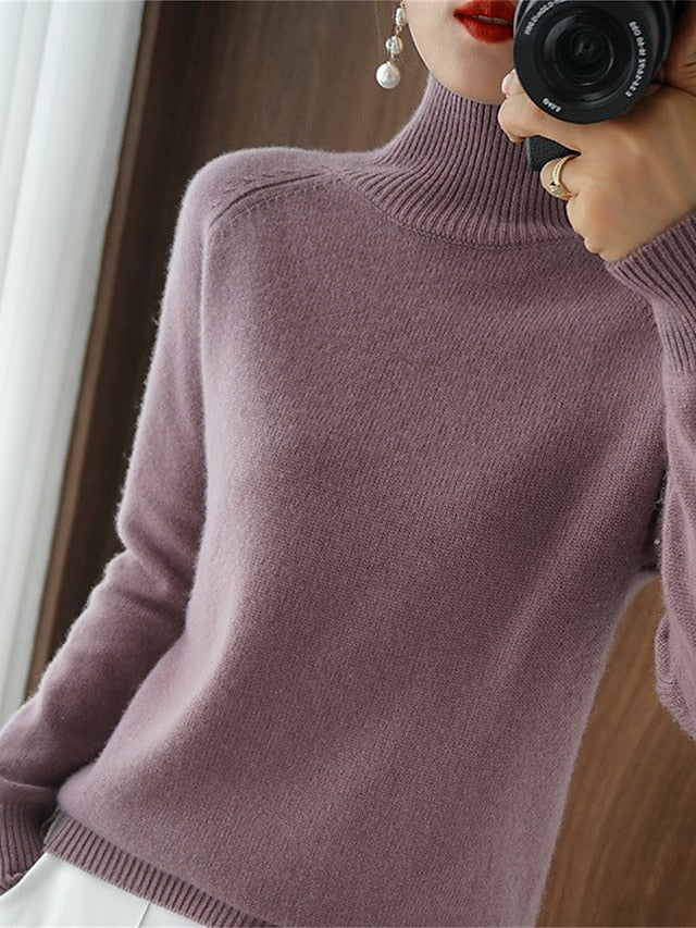 Women's Pullover Sweater Jumper Stand Collar Ribbed Knit Polyester Knitted Fall Winter Regular Outdoor Daily Holiday Fashion Streetwear Casual Long Sleeve Solid Color Black White Pink M L XL