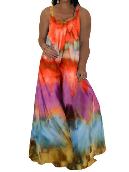 Women‘s Plus Size Curve Casual Dress Slip Dress Tie Dye Long Dress Maxi Dress Sleeveless Backless Print Strap Fashion Daily Yellow Pink Spring Summer L XL XXL 3XL 4XL