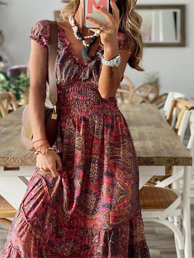 Women's Swing Dress Boho Dress Long Dress Maxi Dress Wine Short Sleeve Floral Print Spring Summer V Neck Weekend Loose Fit 2023 S M L XL XXL 3XL - LuckyFash™