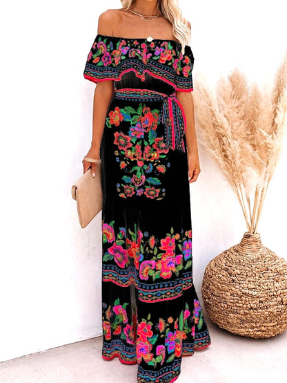 Women's Swing Dress Boho Dress Long Dress Maxi Dress Off Shoulder Black Blue Yellow Short Sleeve Floral Cold Shoulder Spring Summer Romantic Vacation Summer Dress Spring Dress 2023 S M L XL XXL XXXL - LuckyFash™