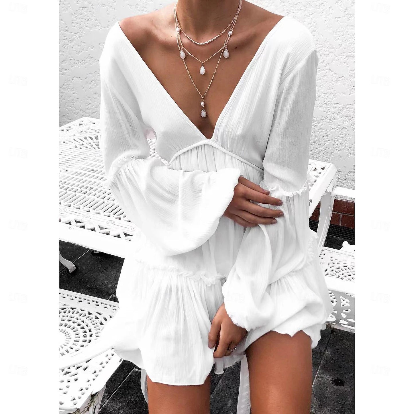 Women's White Dress Mini Dress Patchwork Date Sexy V Neck Long Sleeve White Color