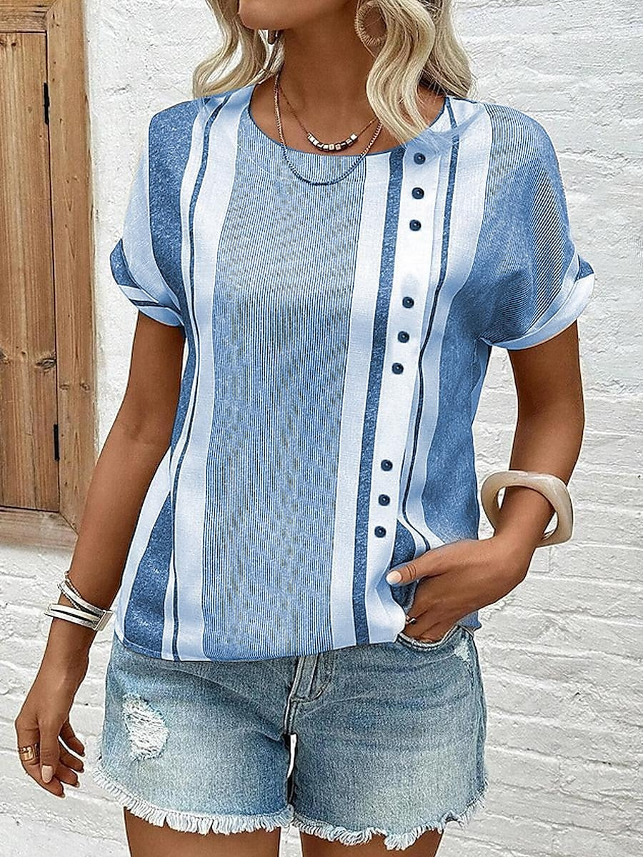 Women's Tunic Striped Daily Vacation Lace Blue Short Sleeve Fashion Crew Neck Summer