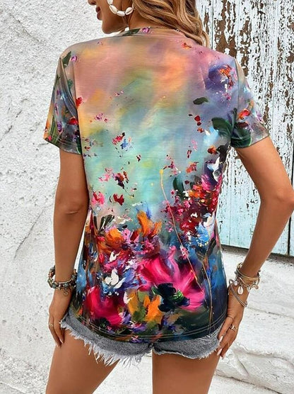 Women's T shirt Tee Floral Casual Holiday Print Black Short Sleeve Fashion Round Neck Summer