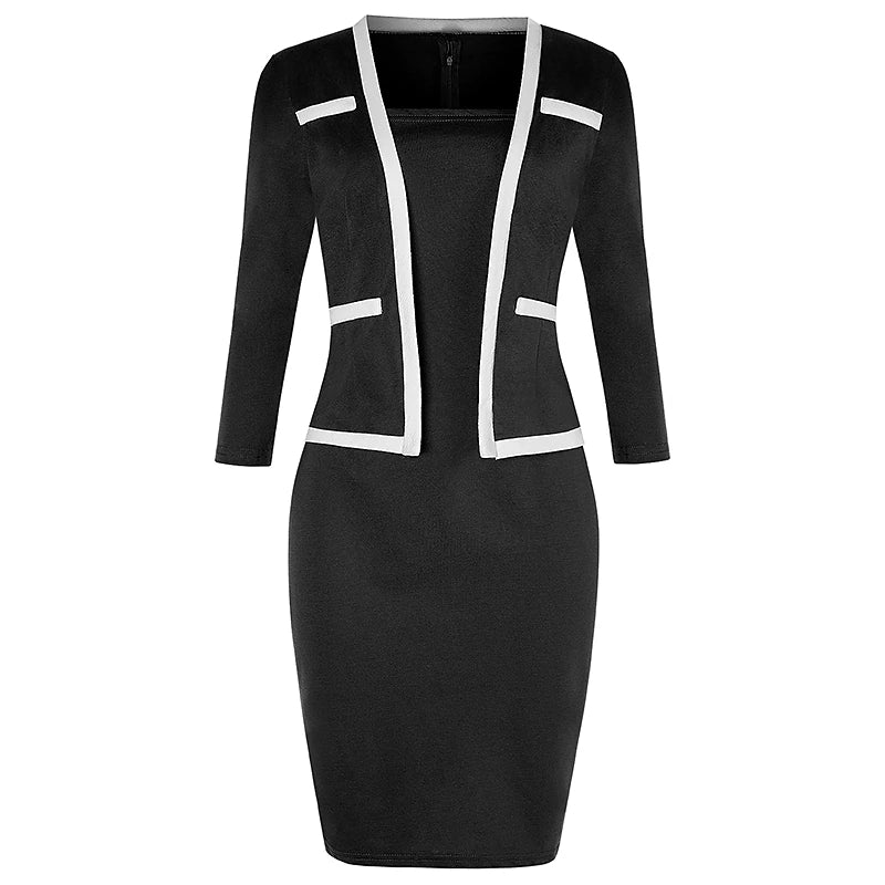 Women's Work Dress Sheath Dress Church Dress Midi Dress Black Dusty Blue 3/4 Length Sleeve Pure Color Fake two piece Spring Fall Winter Square Neck Modern Winter Dress Office Fall Dress 2023 S M L XL