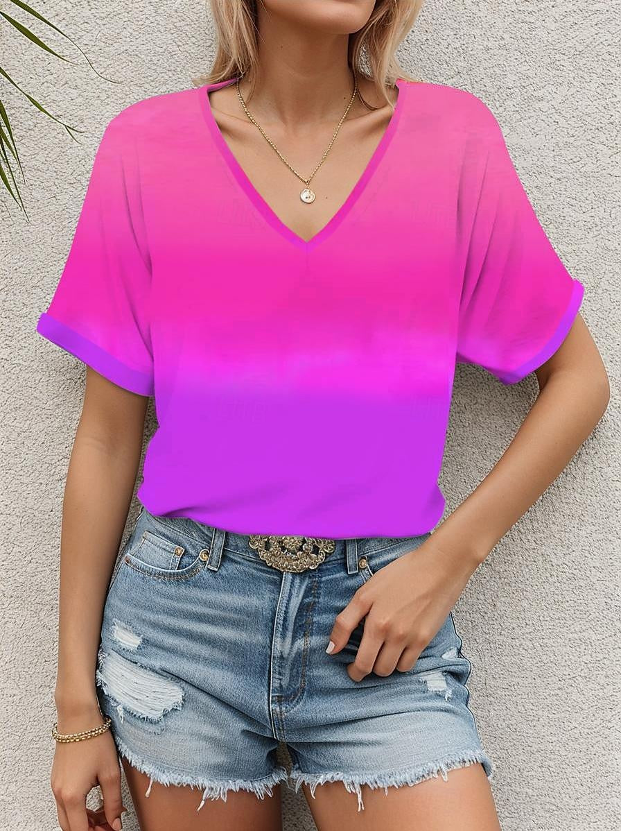 Women's T shirt Tee Ombre Color Gradient Vacation Pink Short Sleeve Hawaiian Stylish V Neck Summer