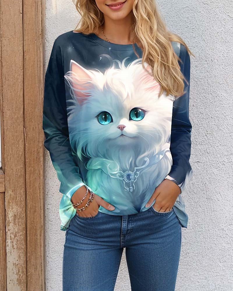 Women's T shirt Tee Cat 3D Daily Weekend Print Light Green Long Sleeve Fashion Funny Round Neck Spring &  Fall