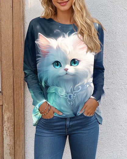 Women's T shirt Tee Cat 3D Daily Weekend Print Light Green Long Sleeve Fashion Funny Round Neck Spring &  Fall