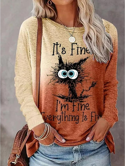 Women's T shirt Tee Pink Purple Orange Graphic Color Gradient Print Long Sleeve Casual Weekend Cartoon Round Neck Regular I'm Fine Painting Plus Size S - LuckyFash™