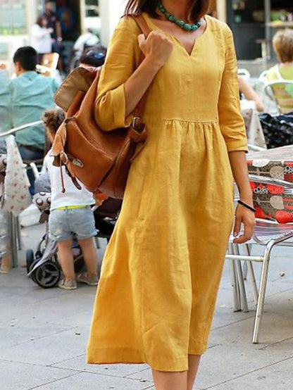 Women's Dress - Cotton Linen Dress Casual Dress Linen Dress Maxi long Dress Cotton Basic Casual Daily Holiday Vacation Split Neck Ruched Half Sleeve Summer Spring 2023 Regular Fit Yellow Pink Red Pure Color