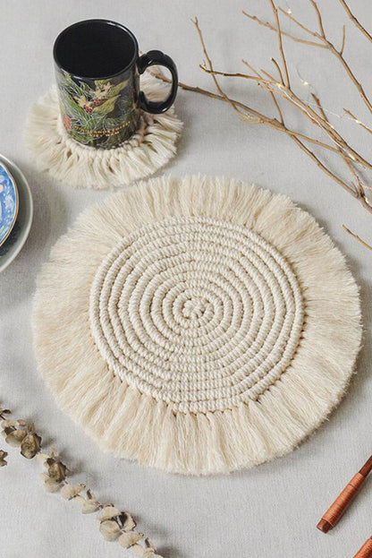 Bohemian Beige Macrame Coaster with Tassels - 15cm