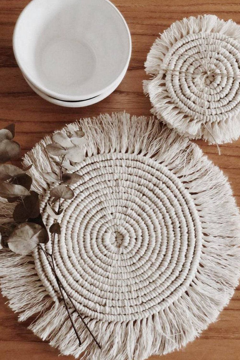 Bohemian Beige Macrame Coaster with Tassels - 15cm