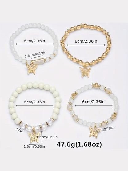 Bohemian Butterfly White Beaded Bracelet Set with 4 Pieces