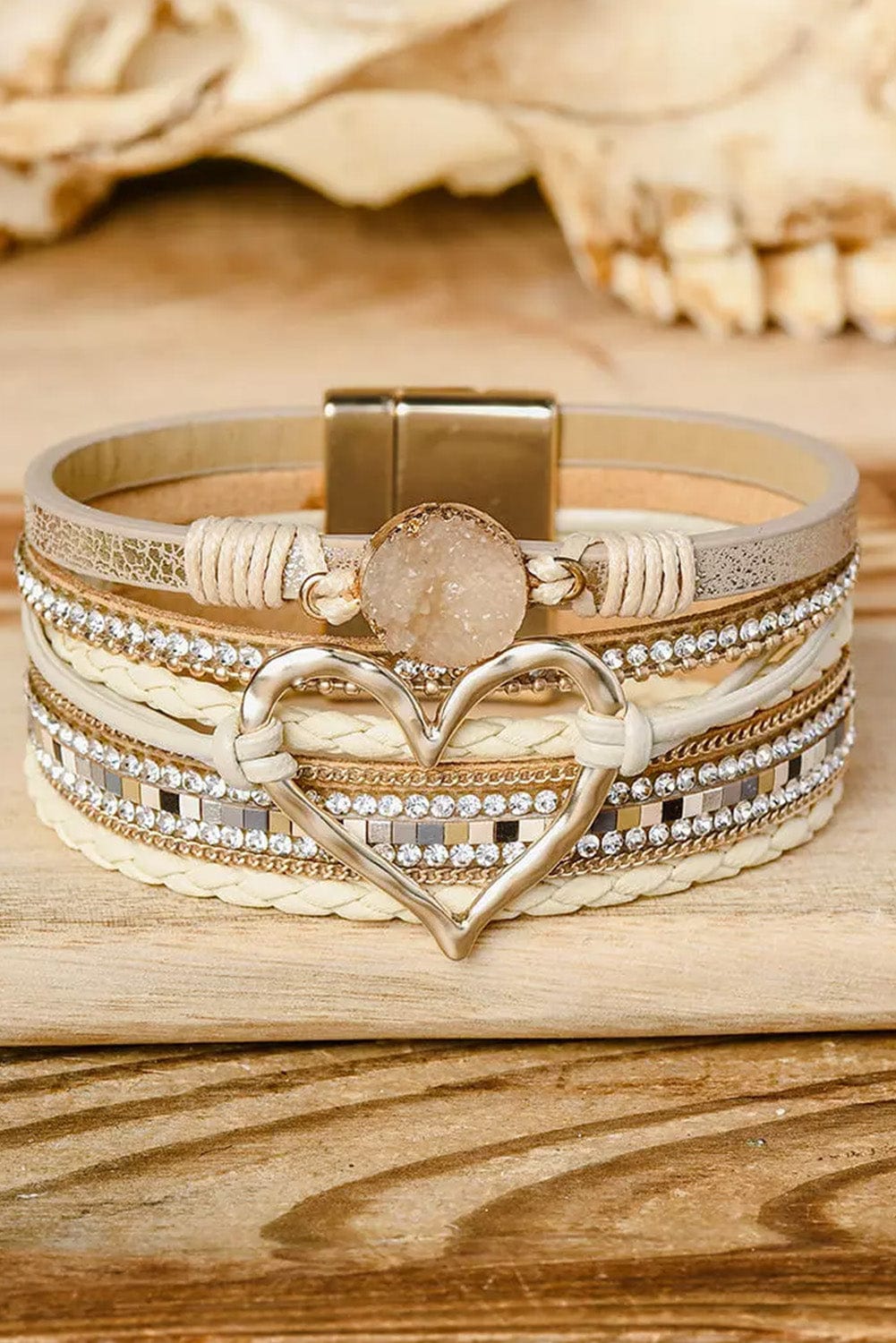 Bohemian Heart Rhinestone Beige Magnetic Closure Bracelet