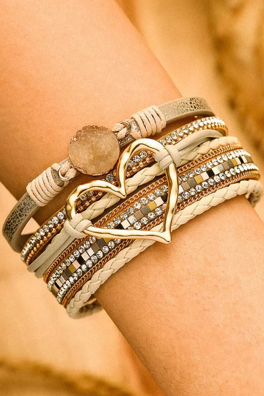 Bohemian Heart Rhinestone Beige Magnetic Closure Bracelet