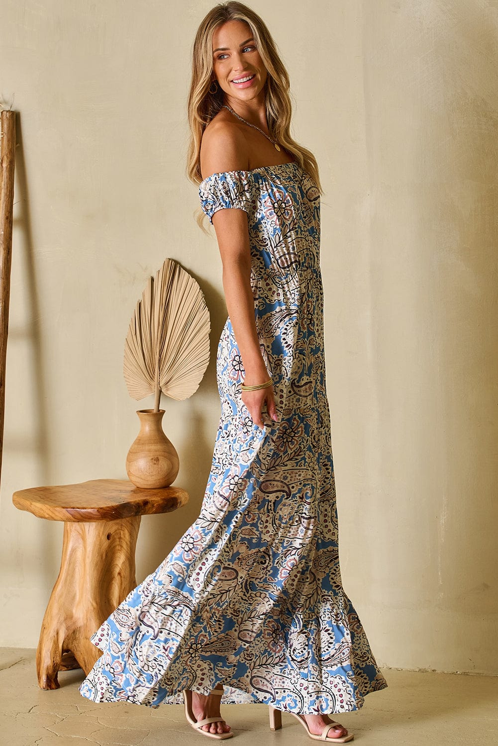 Bohemian Long Short Sleeve Printed V Neck Slit Dress - Drop Shoulder - Strappy - Wrap - Closed Cape - Accordion