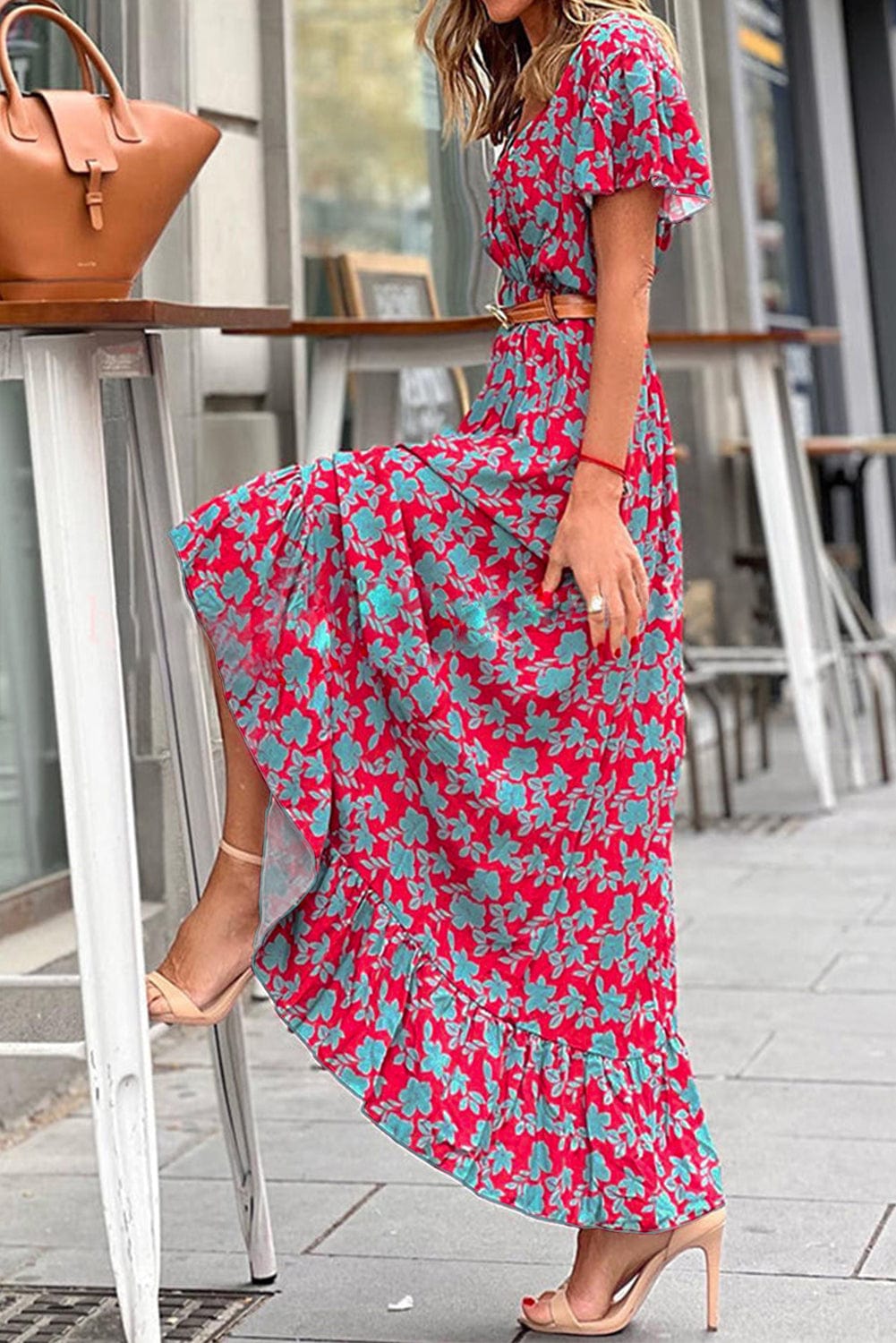 Bohemian Long Short Sleeve Printed V Neck Slit Dress - Drop Shoulder - Strappy - Wrap - Closed Cape - Accordion