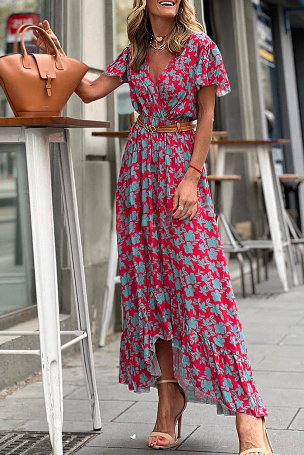 Bohemian Long Short Sleeve Printed V Neck Slit Dress - Drop Shoulder - Strappy - Wrap - Closed Cape - Accordion