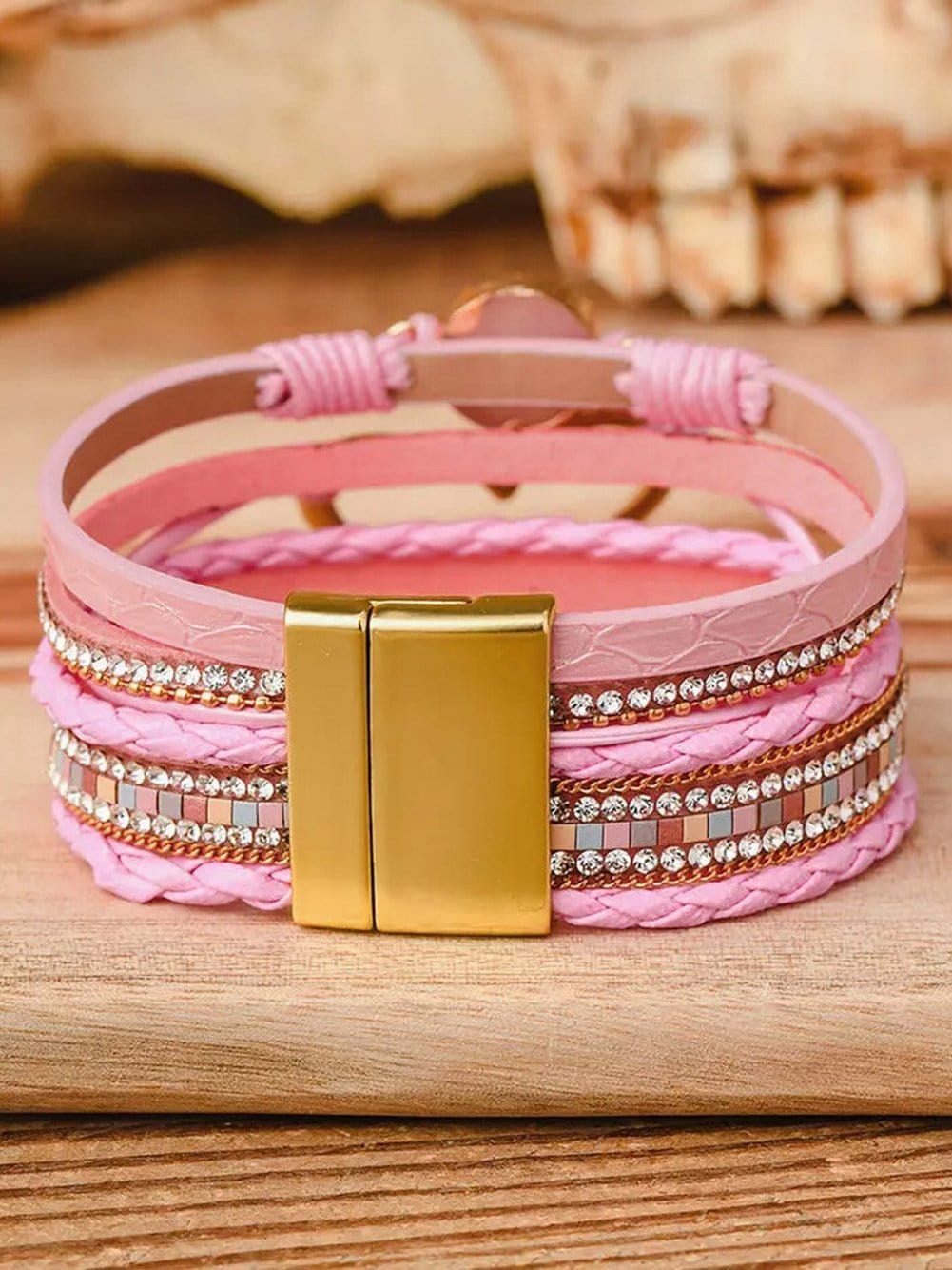 Bohemian Pink Heart Rhinestone Wrap Bracelet with Magnetic Closure