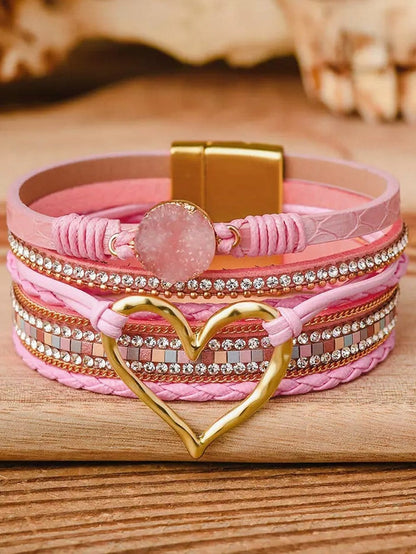 Bohemian Pink Heart Rhinestone Wrap Bracelet with Magnetic Closure