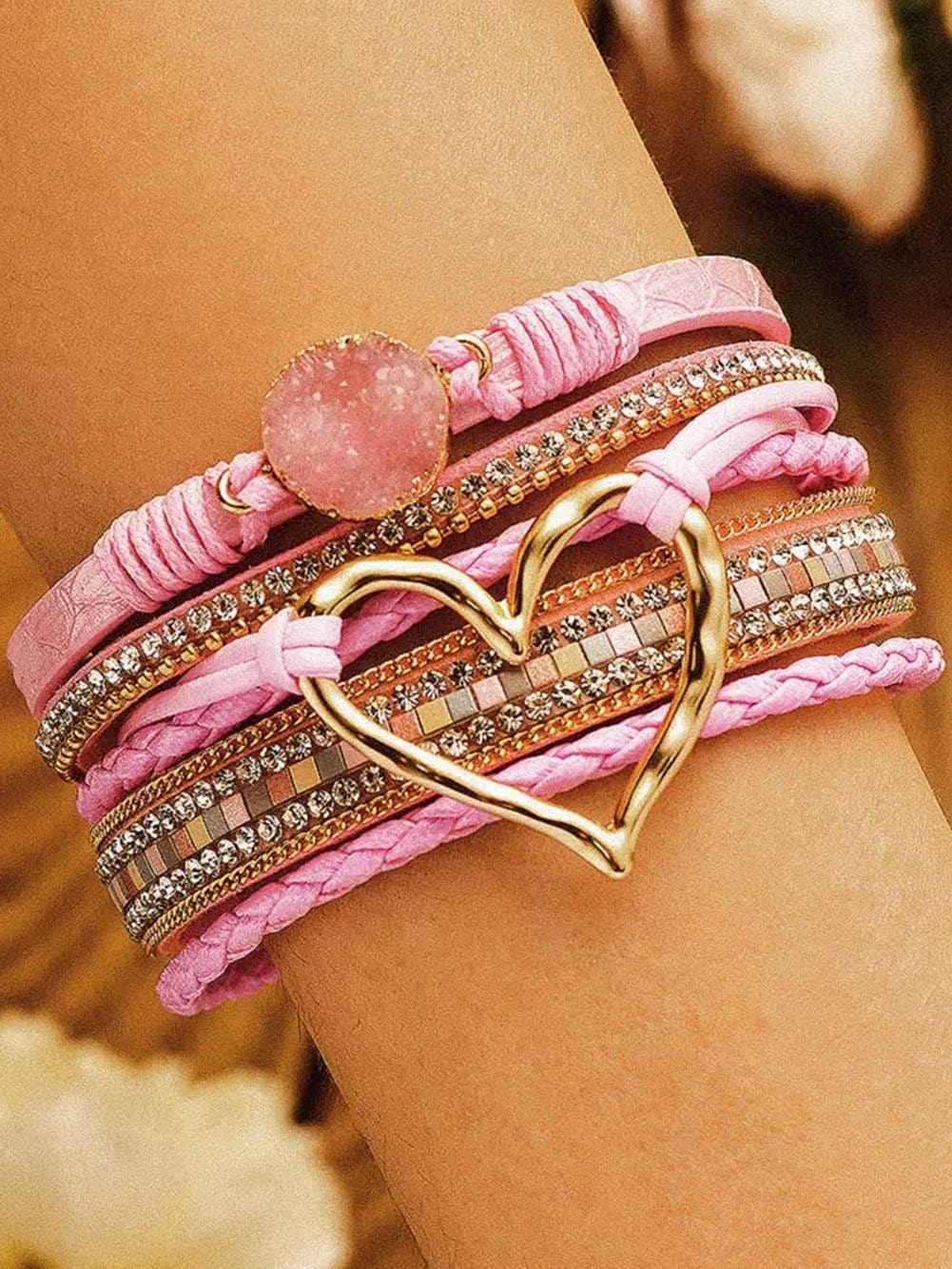 Bohemian Pink Heart Rhinestone Wrap Bracelet with Magnetic Closure