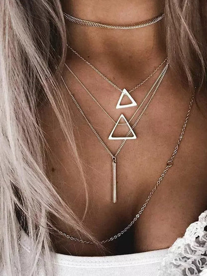 Bohemian Silver Triangle Layered Pendant Necklace