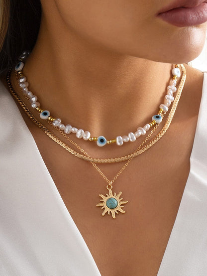 Bohemian Sunburst Turquoise and Pearl Layered Necklace